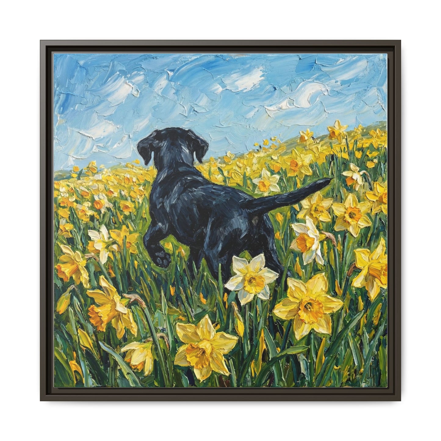 "Amongst The Flowers - Black Labrador" Framed Canvas Wall Art