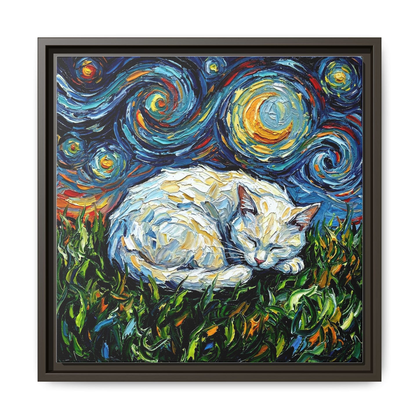 "Sleepy White Cat Night" Framed Canvas Wall Art