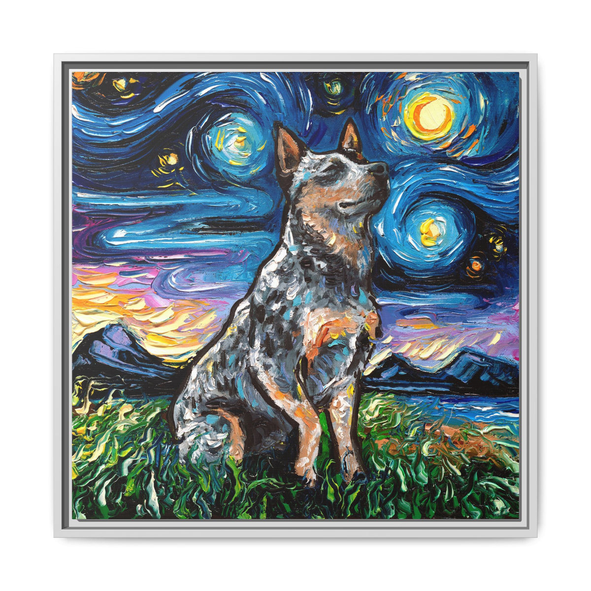 "Blue Heeler Night" Framed Canvas Wall Art