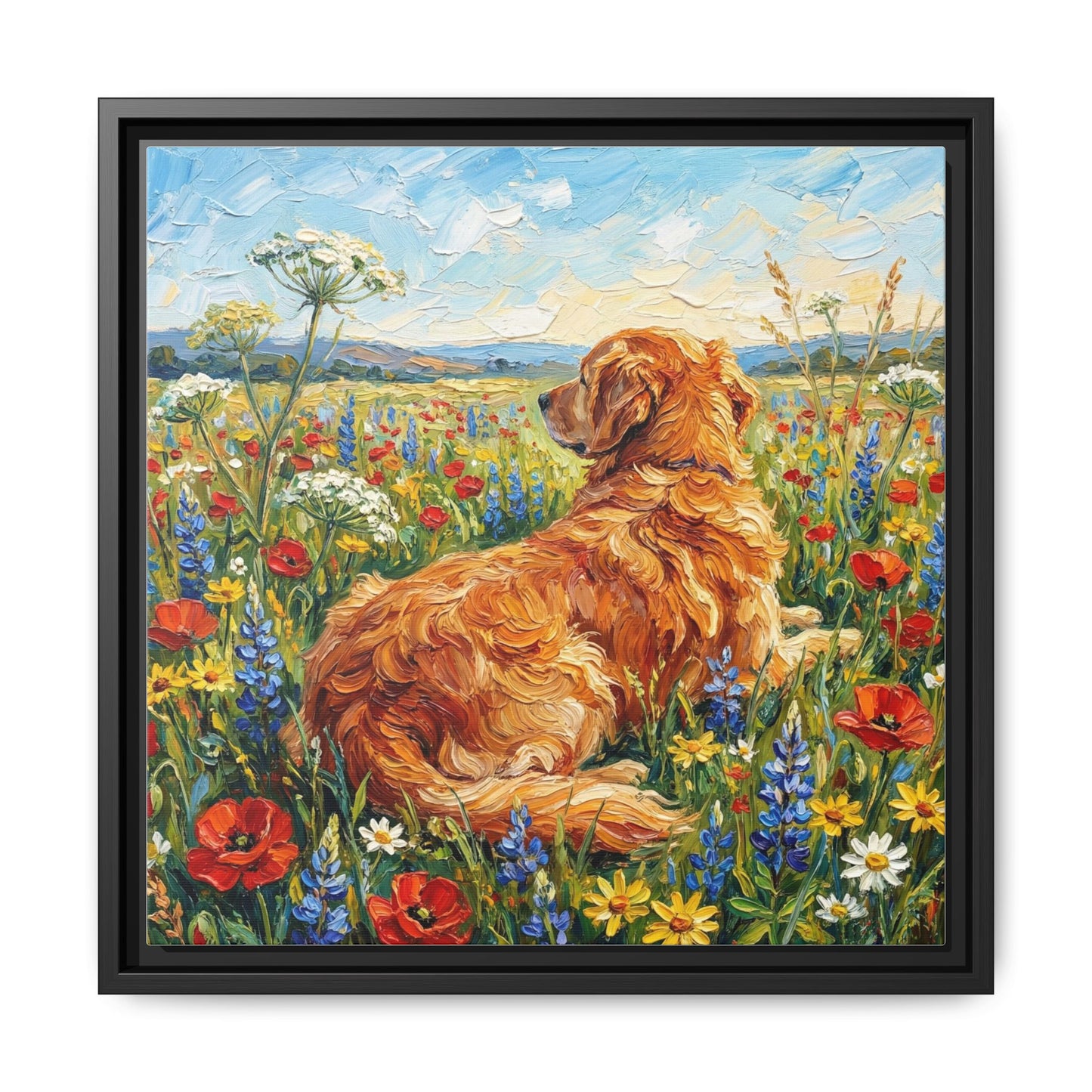"Amongst The Flowers - Golden Retriever" Framed Canvas Wall Art