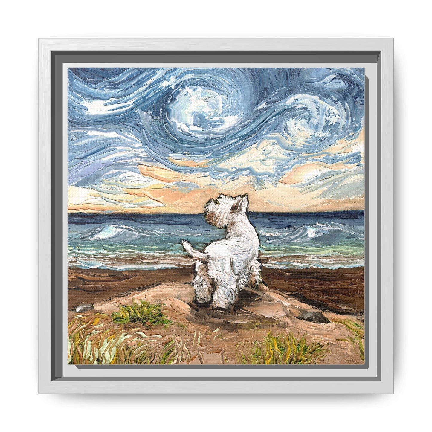"Beach Day - Westie" Framed Canvas Wall Art