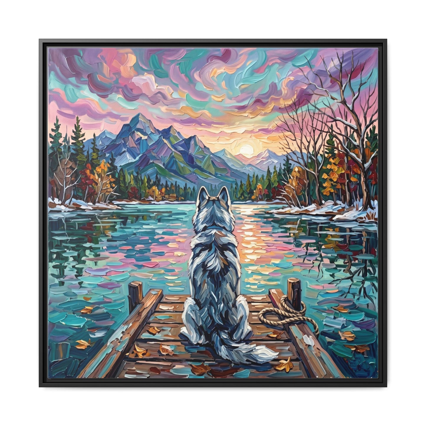 "On The Dock - Husky" Framed Canvas Wall Art