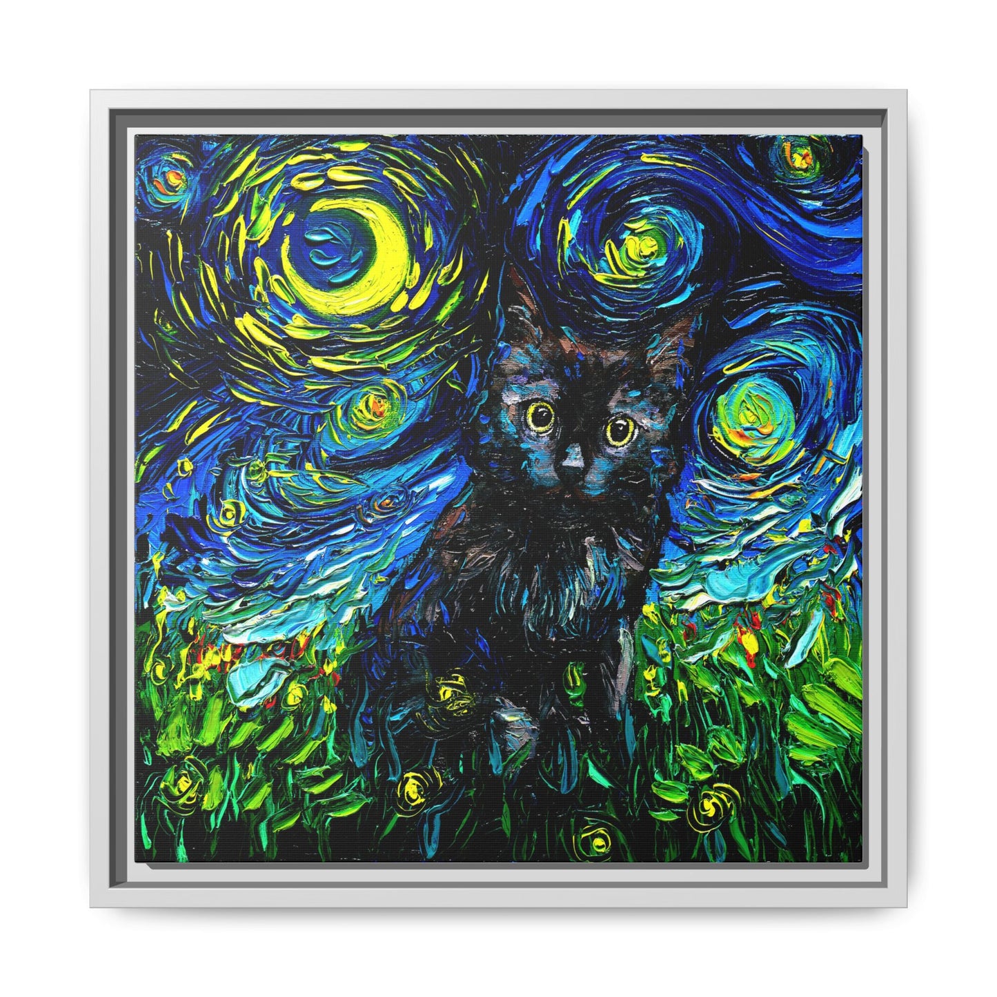 "Black Cat Night 2" Framed Canvas Wall Art