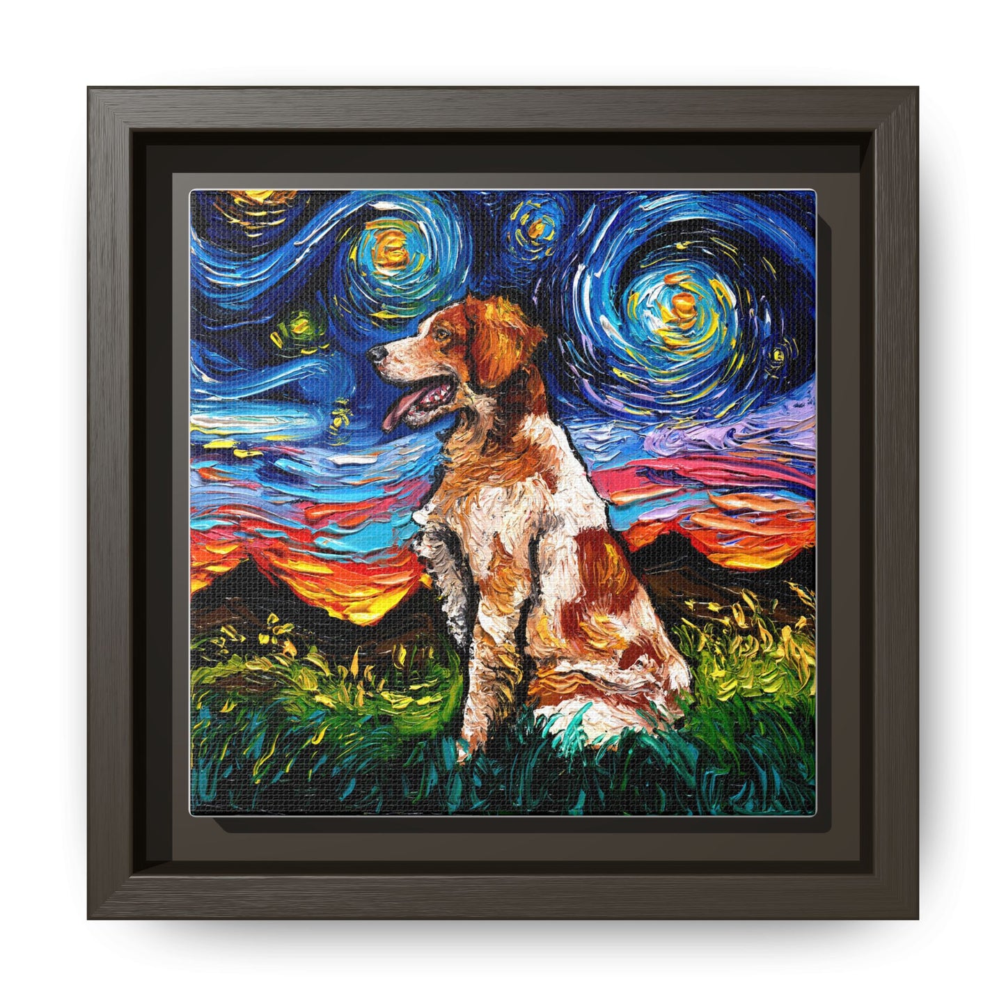 "Brittany Spaniel Night" Framed Canvas Wall Art