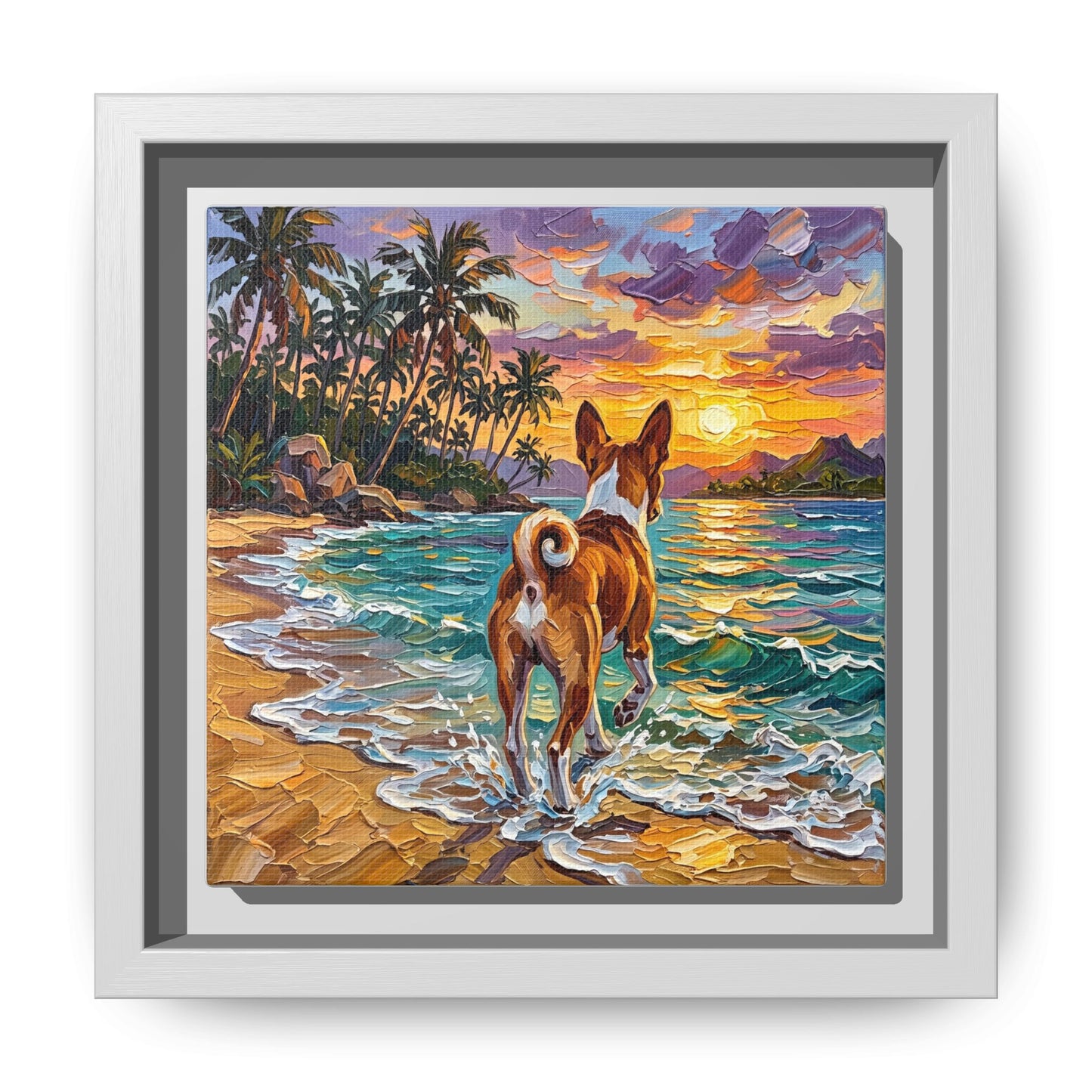 "Beach Day - Basenji" Framed Canvas Wall Art