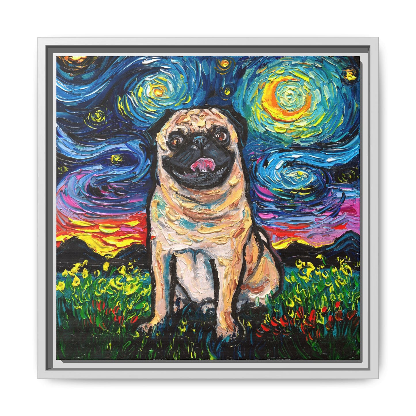 "Fawn Pug Night" Framed Canvas Wall Art