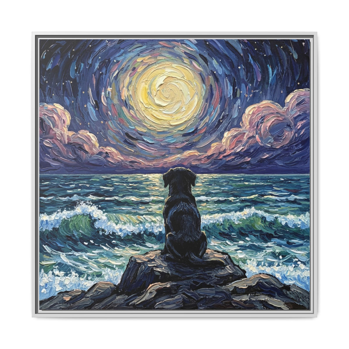 "Beach Night - Black Lab Puppy" Framed Canvas Wall Art