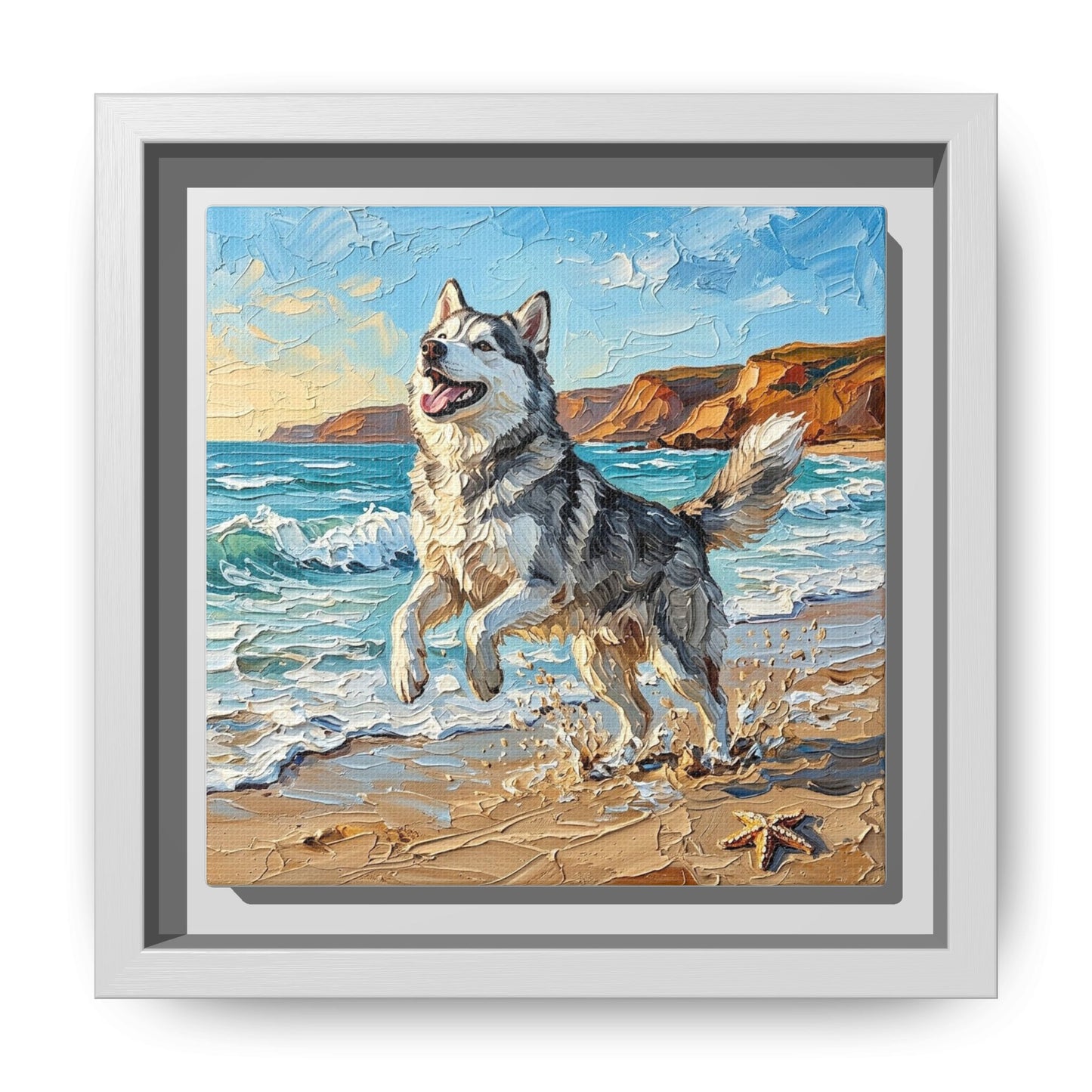 "Beach Day - Husky" Framed Canvas Wall Art