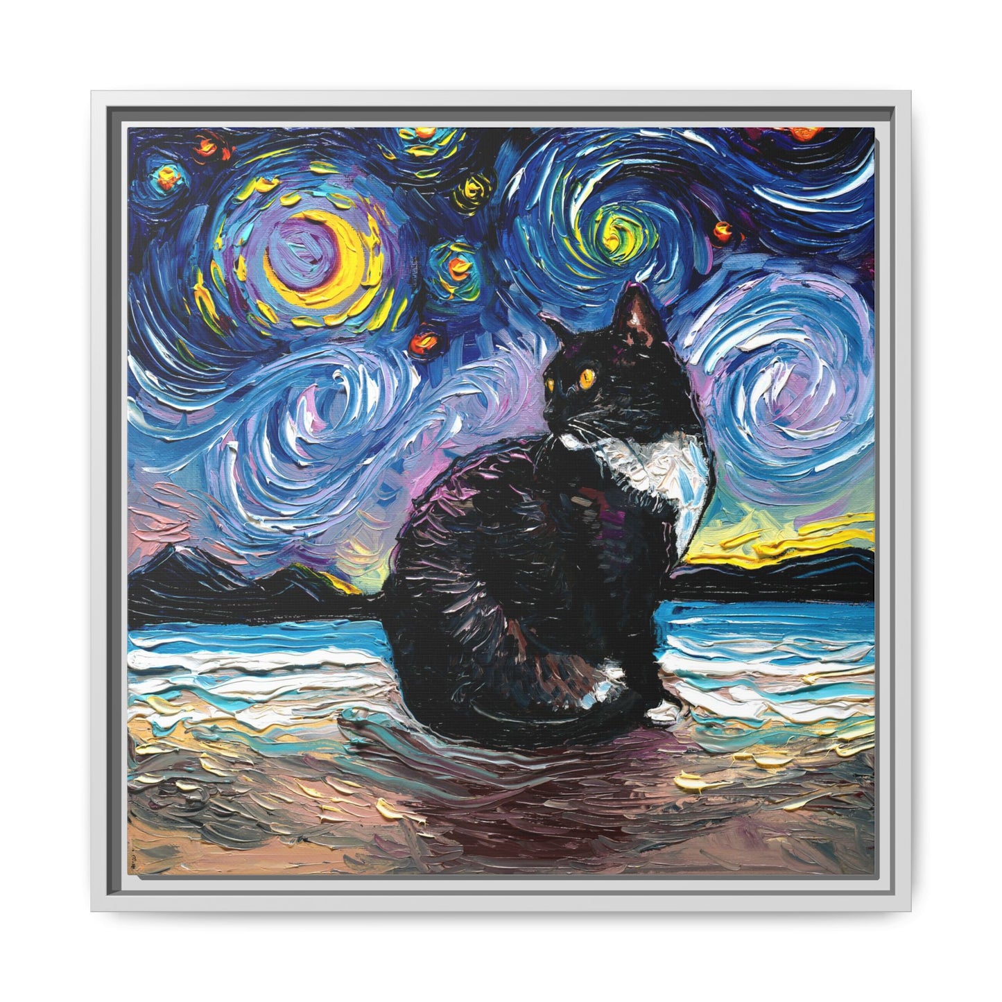 "Tuxedo Cat Night 2" Framed Canvas Wall Art