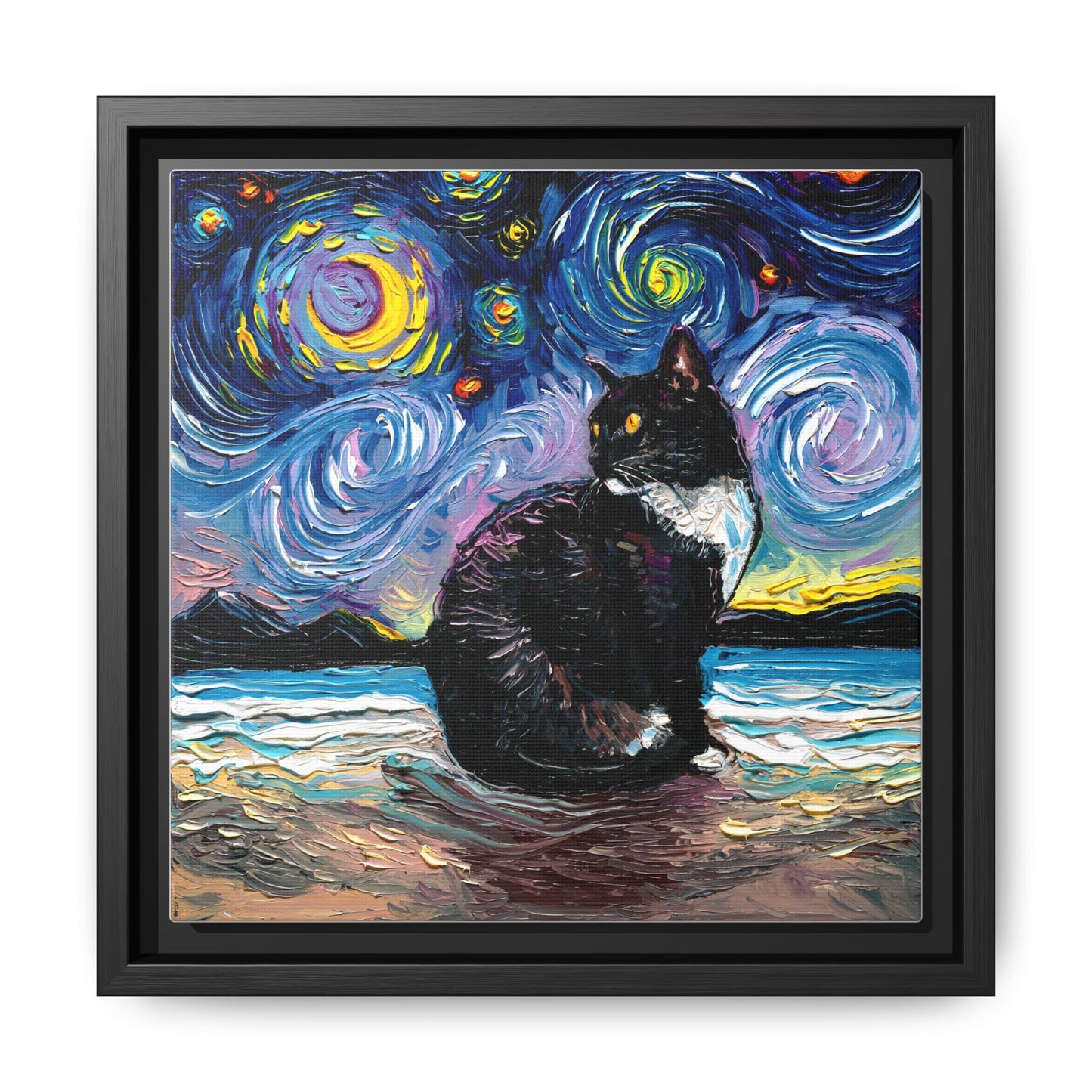 "Tuxedo Cat Night 2" Framed Canvas Wall Art