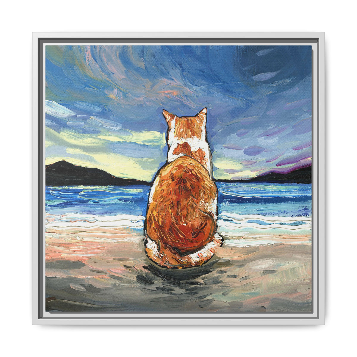 "Beach Day - Orange and White Tabby Cat" Framed Canvas Wall Art