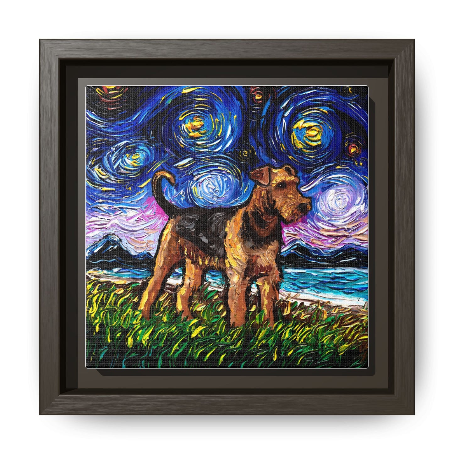 "Airedale Terrier Night" Framed Canvas Wall Art