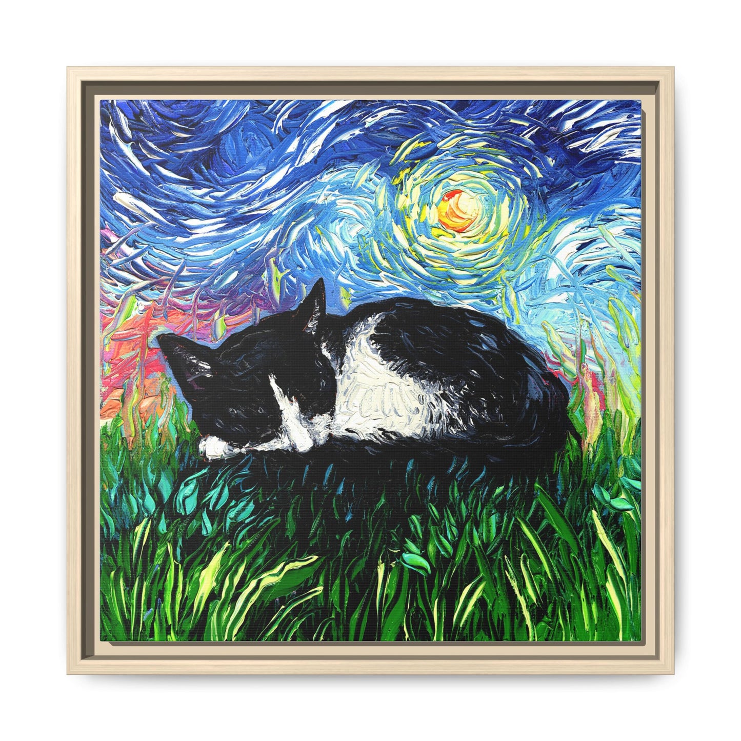 "Sleepy Tuxedo Kitten" Framed Canvas Wall Art