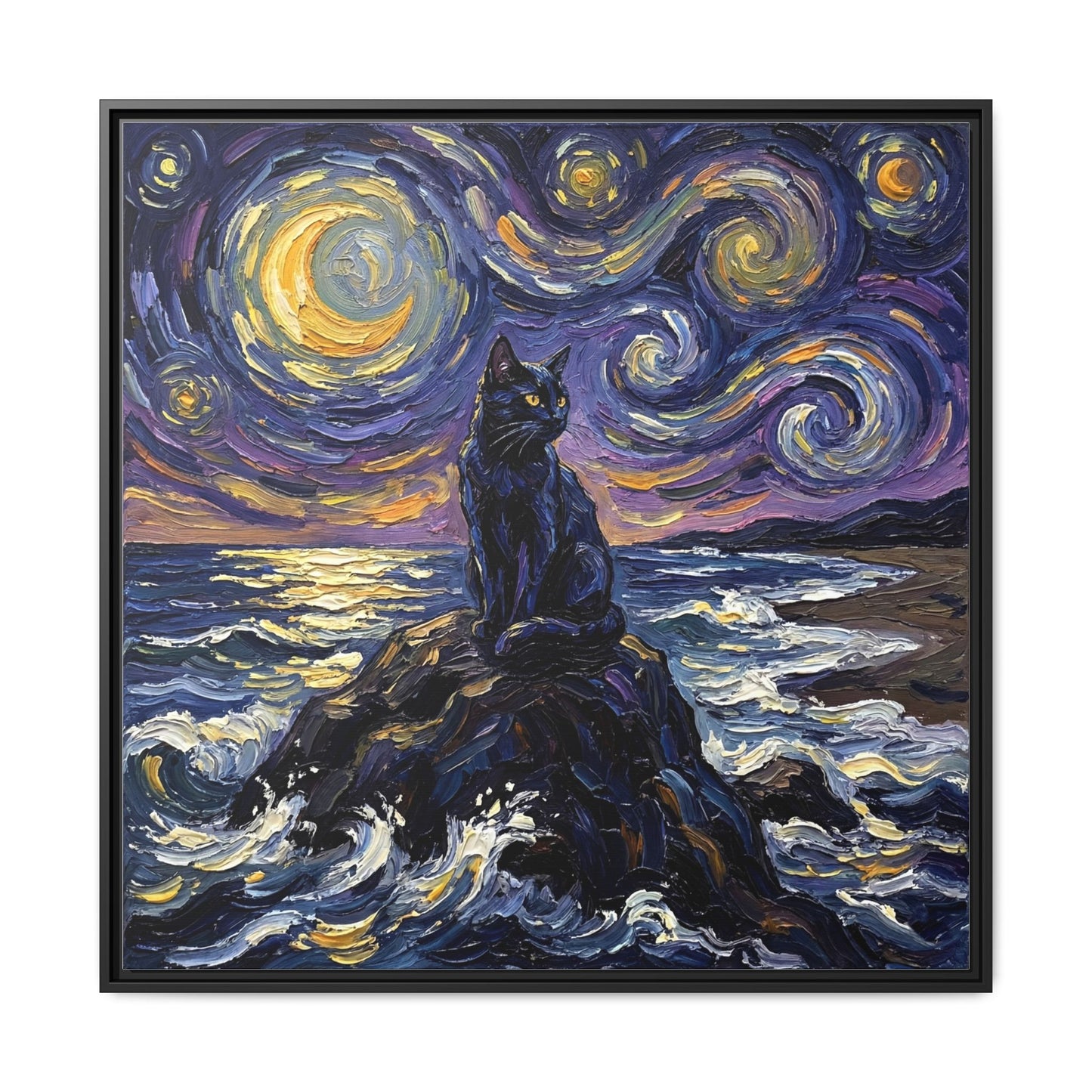 "Beach Night - Black Cat" Framed Canvas Wall Art