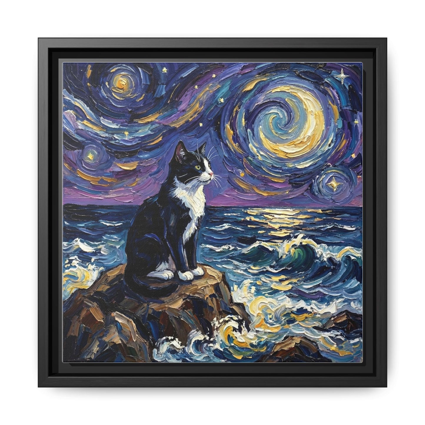 "Beach Night - Tuxedo Cat" Framed Canvas Wall Art