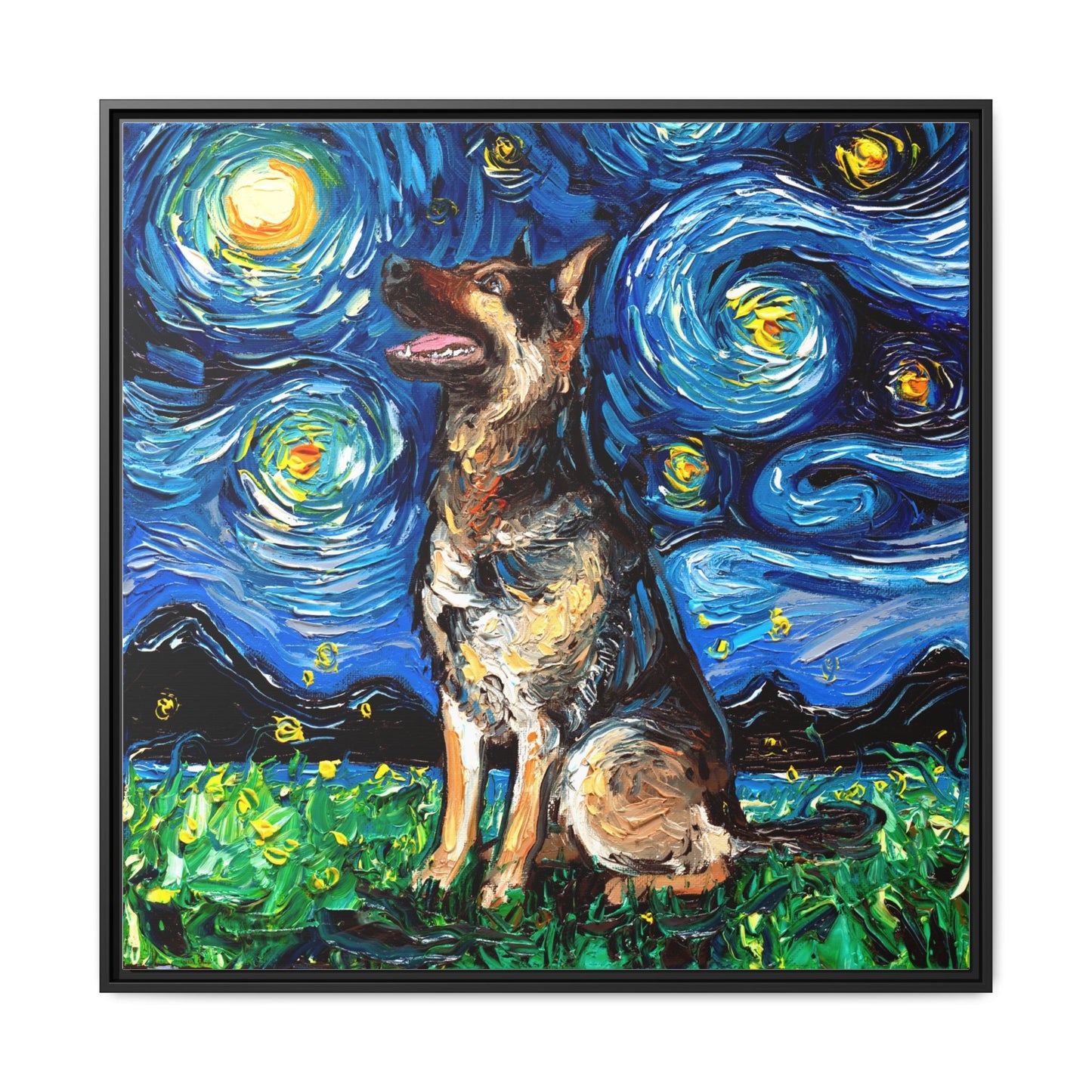 "German Shepherd Night" Framed Canvas Wall Art