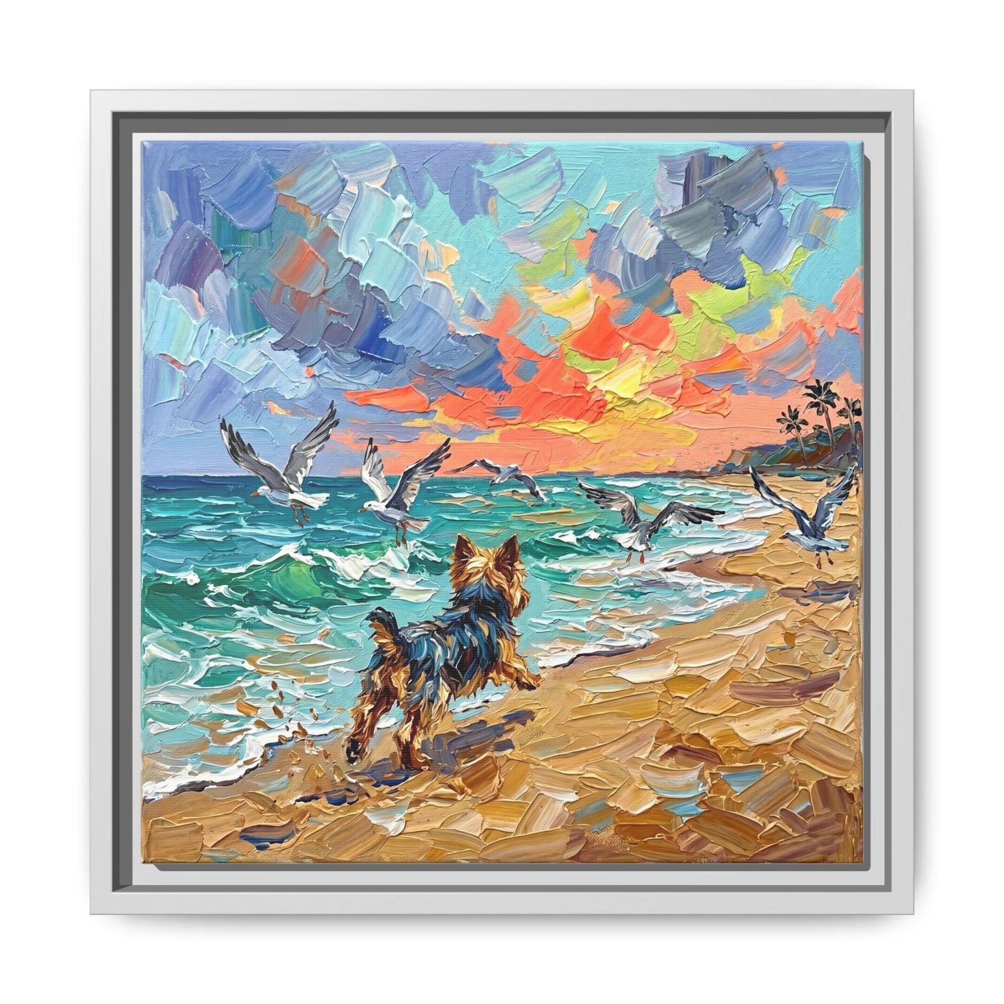"Beach Day - Yorkie 2" Framed Canvas Wall Art