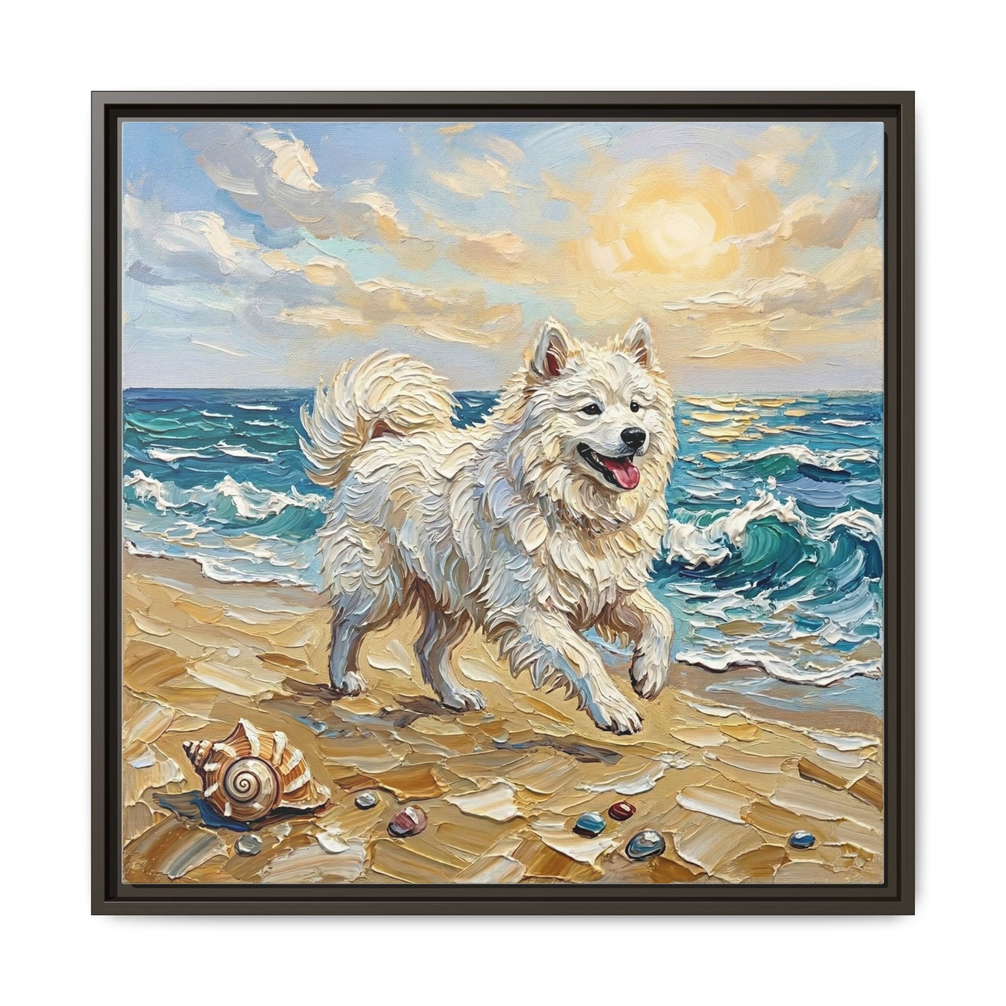 "Beach Day - Samoyed" Framed Canvas Wall Art