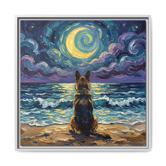 "Beach Night - German Shepherd" Framed Canvas Wall Art