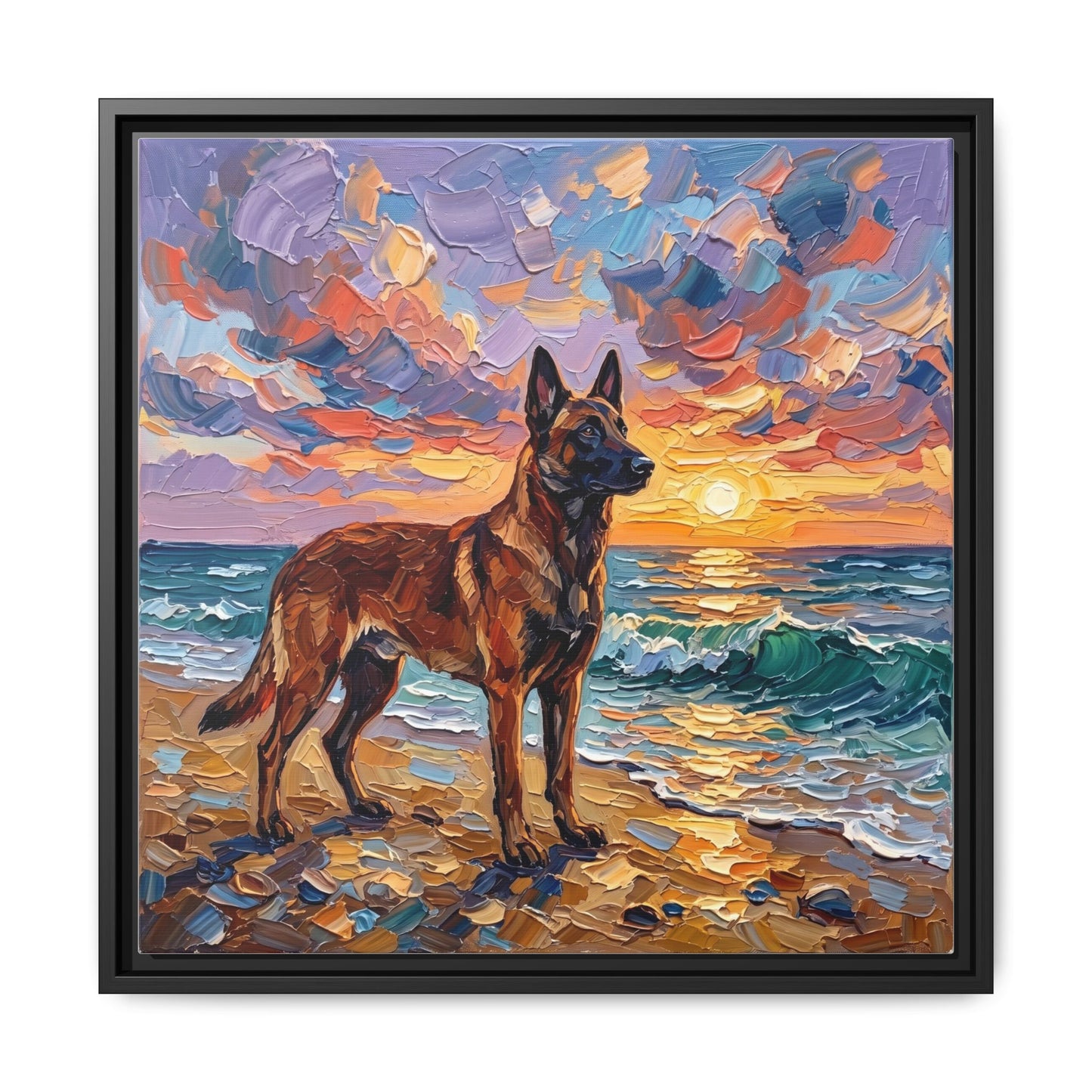 "Beach Sunset - Belgian Malinois" Framed Canvas Wall Art