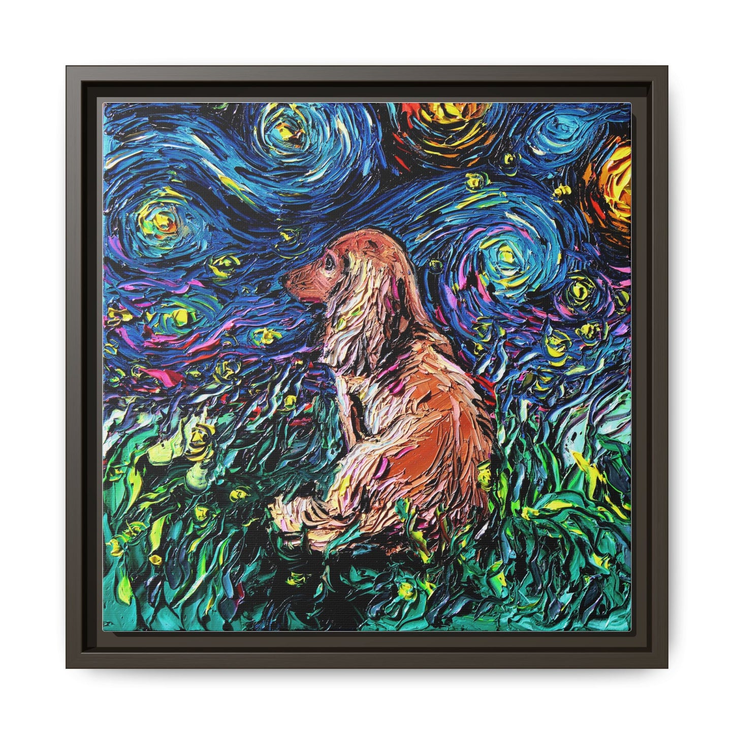 "Long Haired Brown Dachshund Night" Framed Canvas Wall Art