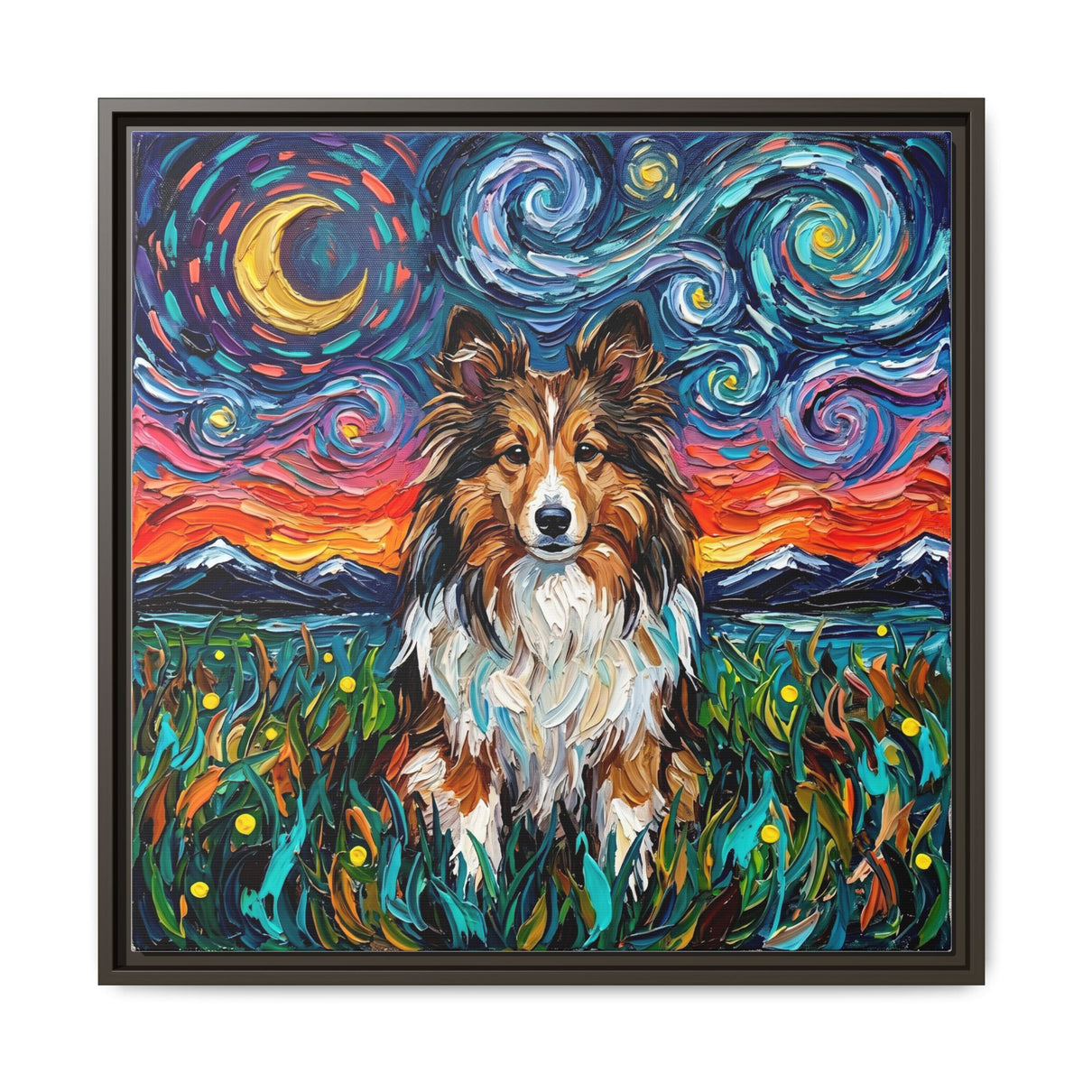 "Sheltie Night 2" Framed Canvas Wall Art