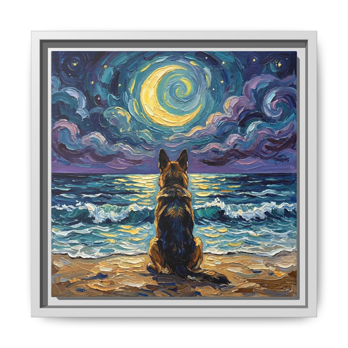 "Beach Night - German Shepherd" Framed Canvas Wall Art