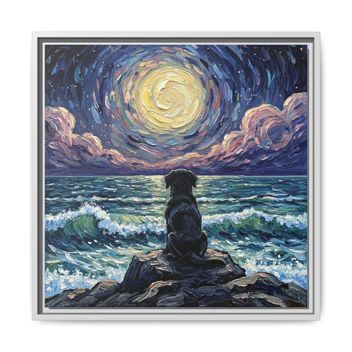"Beach Night - Black Lab Puppy" Framed Canvas Wall Art