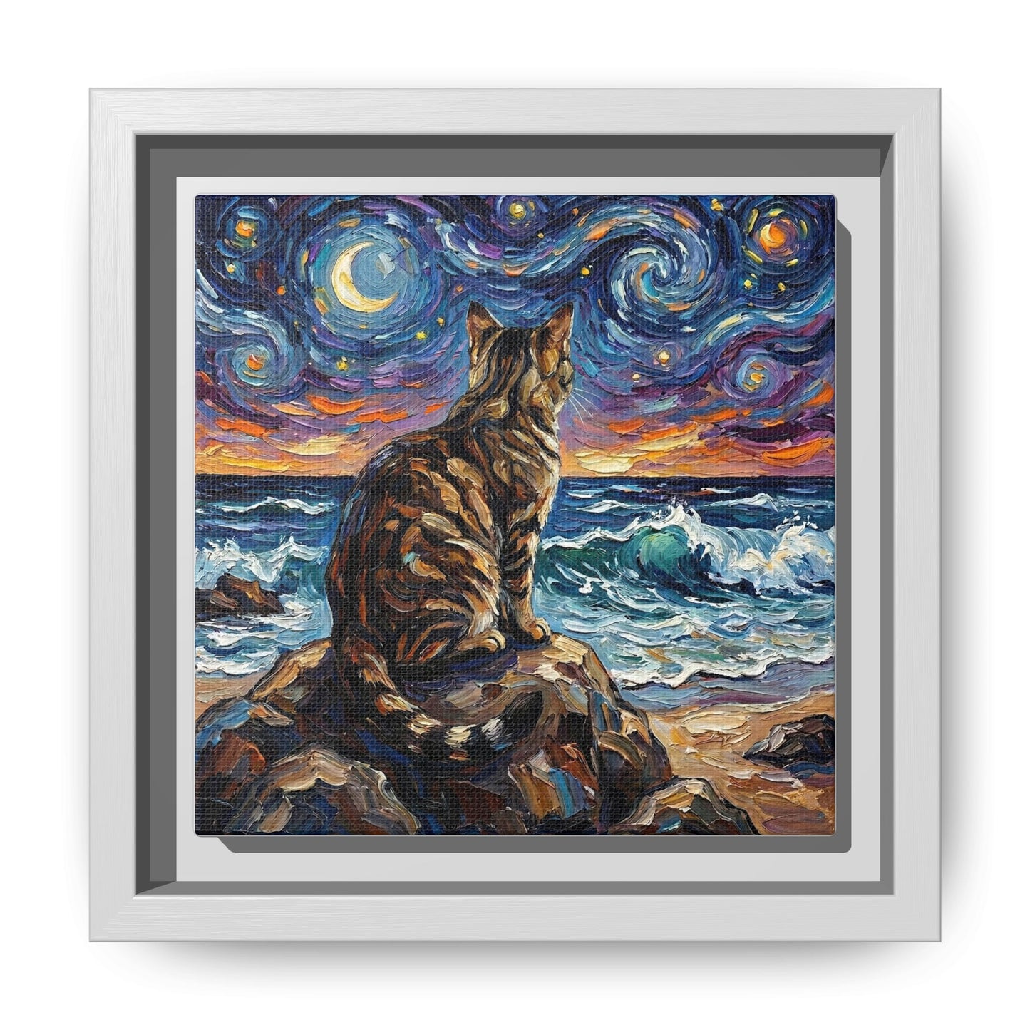 "Beach Night - Brown Tabby" Framed Canvas Wall Art