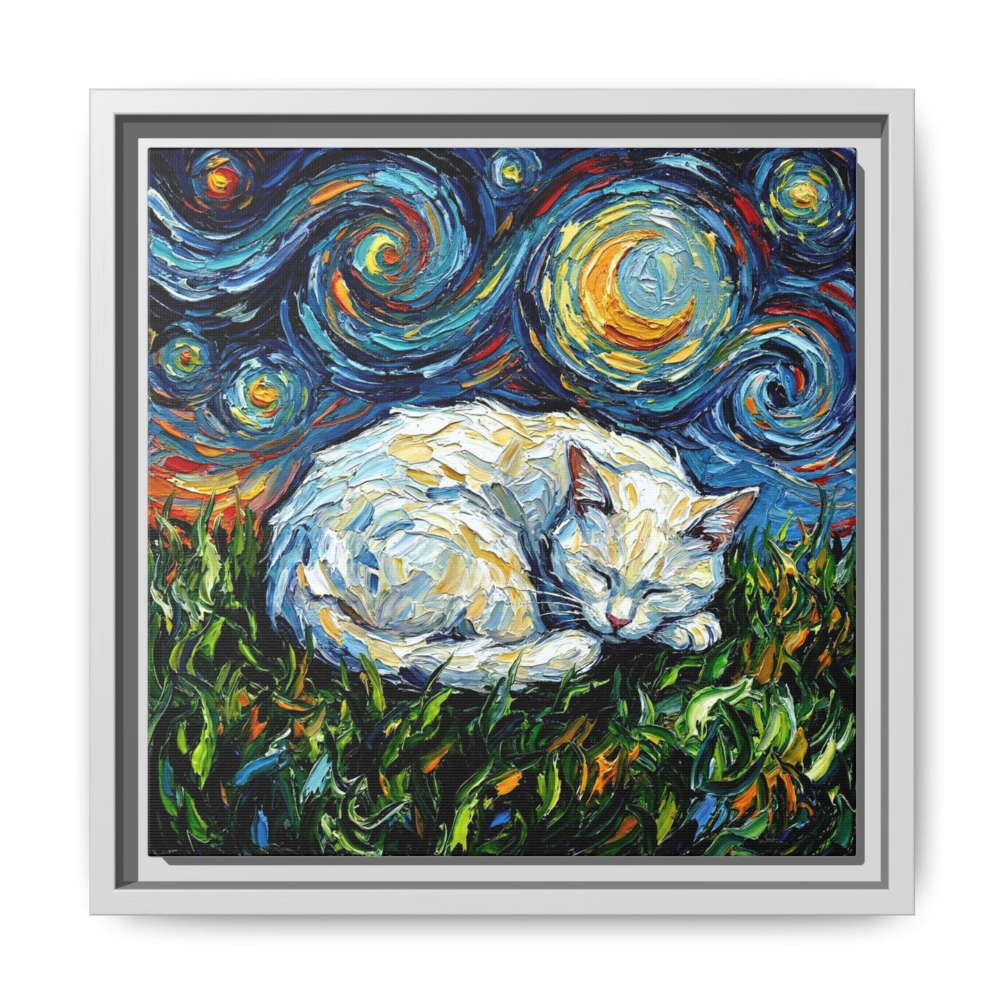 "Sleepy White Cat Night" Framed Canvas Wall Art