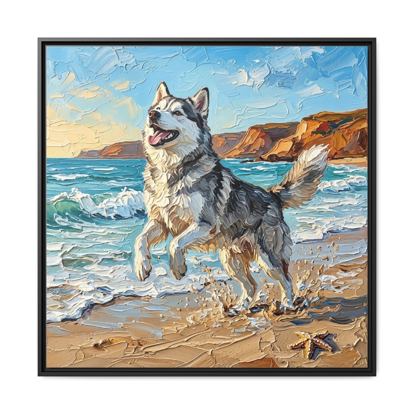 "Beach Day - Husky" Framed Canvas Wall Art