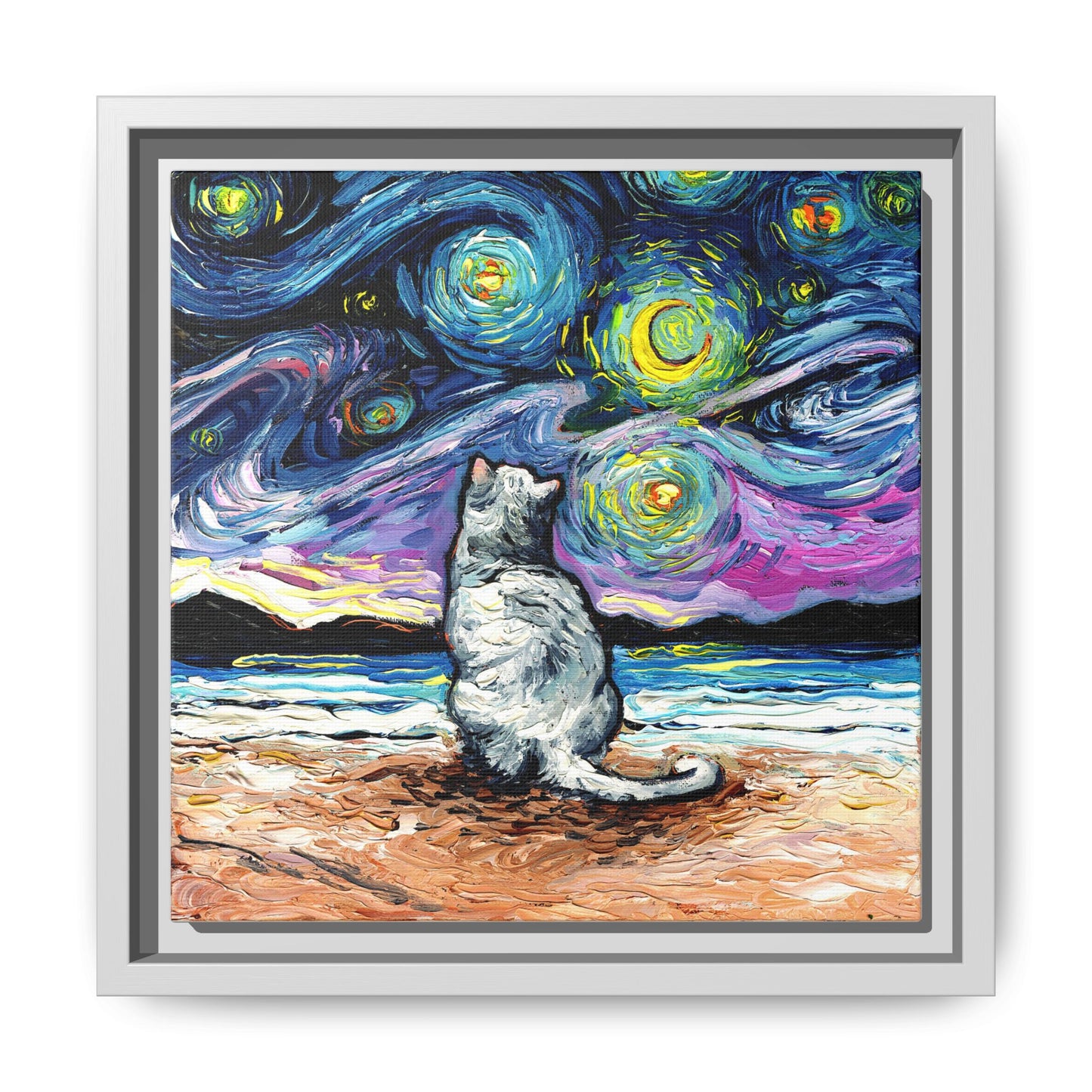 "White Cat Night 2" Framed Canvas Wall Art