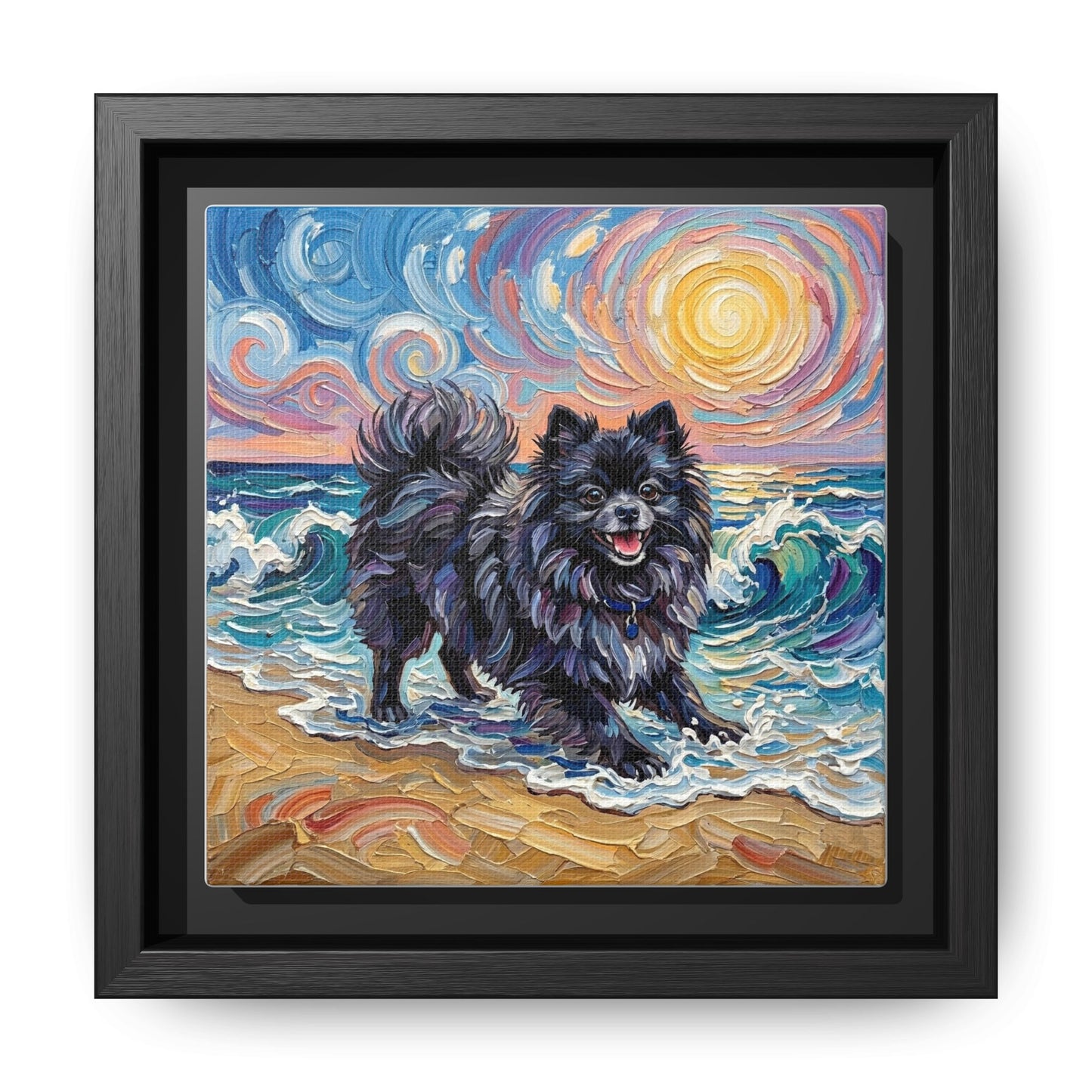"Beach Day - Black Pomeranian" Framed Canvas Wall Art