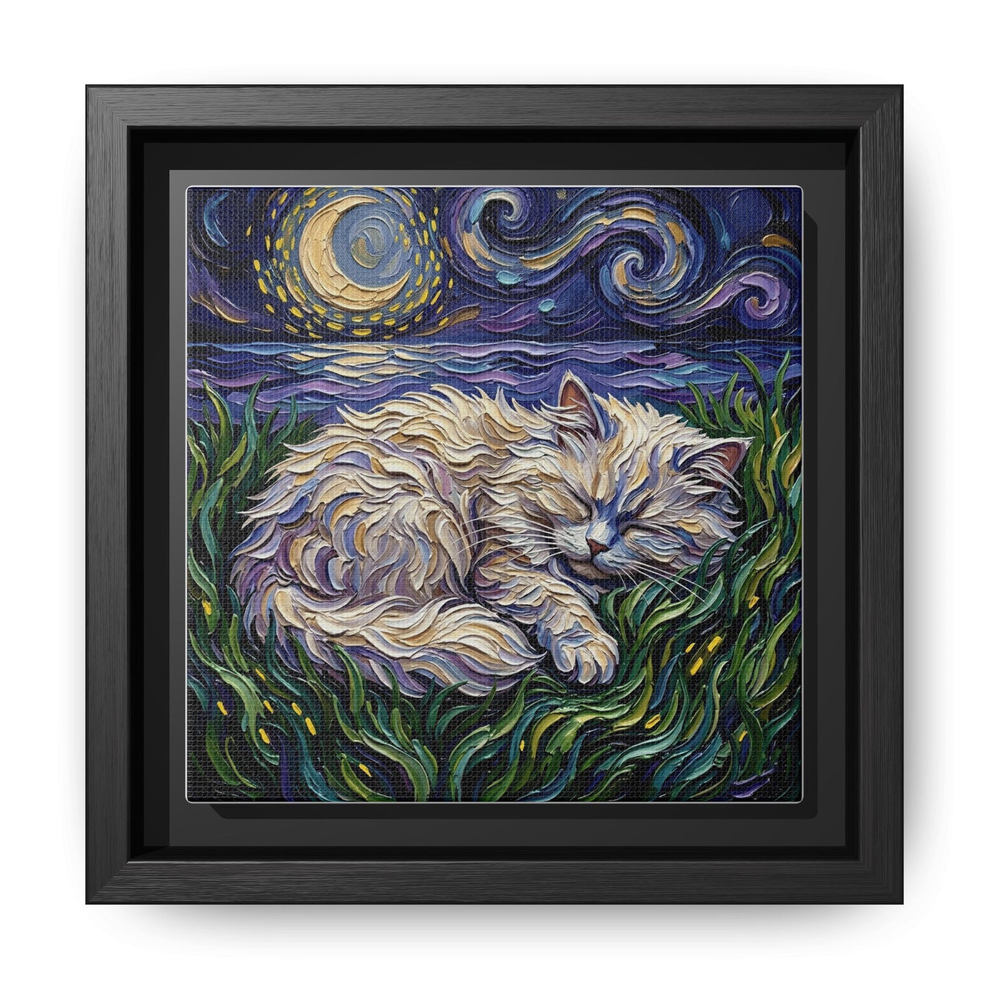 "Sleepy White Persian Night" Framed Canvas Wall Art