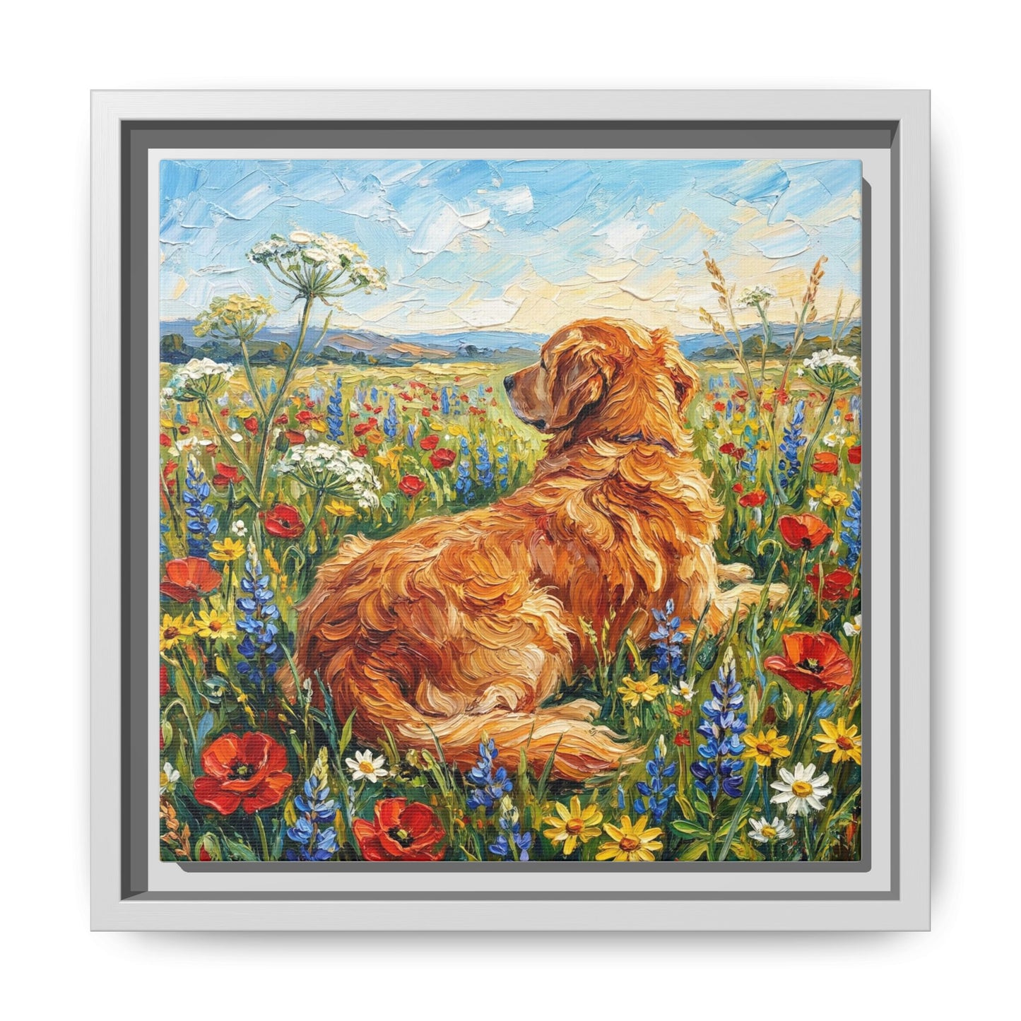 "Amongst The Flowers - Golden Retriever" Framed Canvas Wall Art