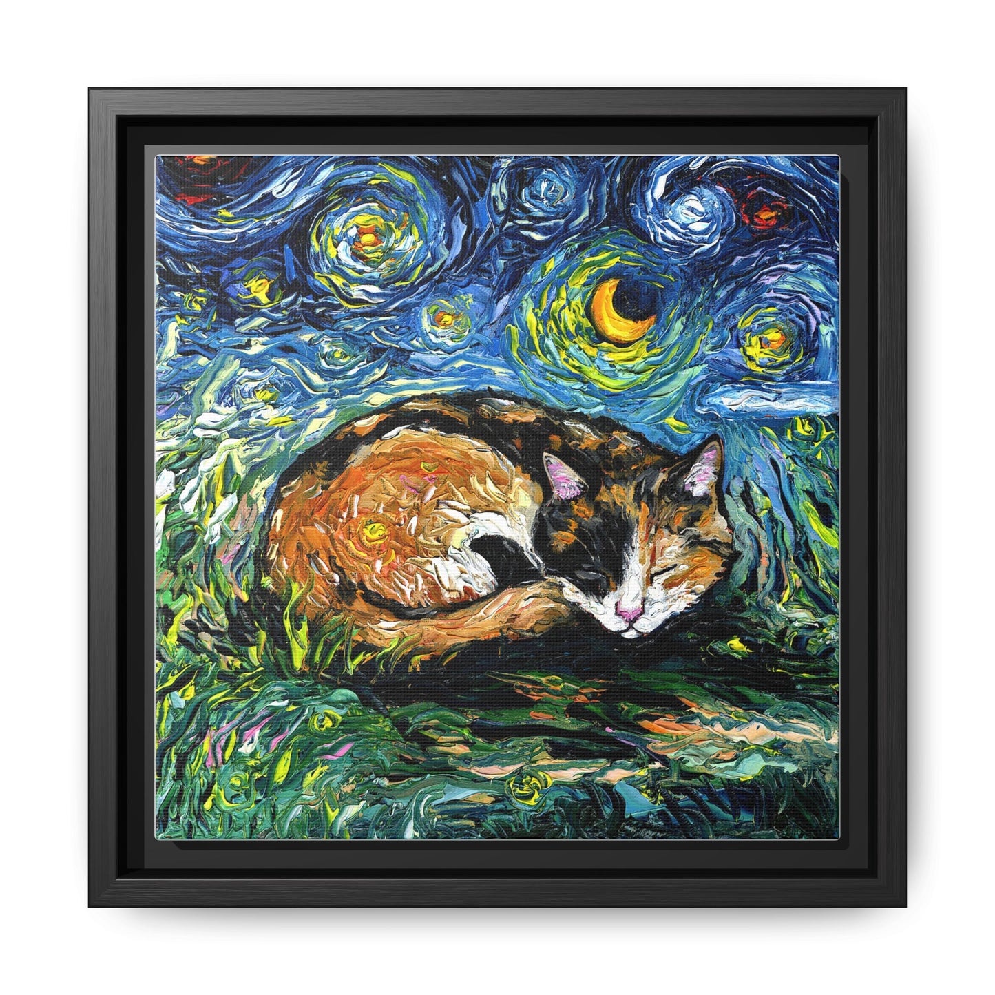 "Sleepy Calico Night" Framed Canvas Wall Art