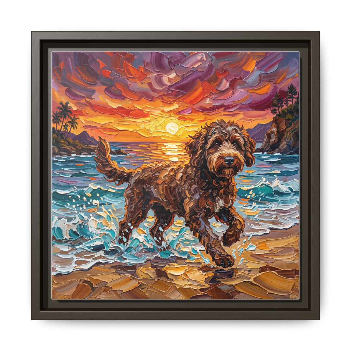 "Beach Day - Brown Goldendoodle" Framed Canvas Wall Art