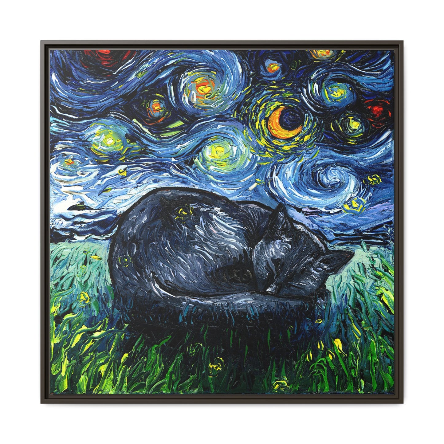 "Sleepy Black Cat Night" Framed Canvas Wall Art