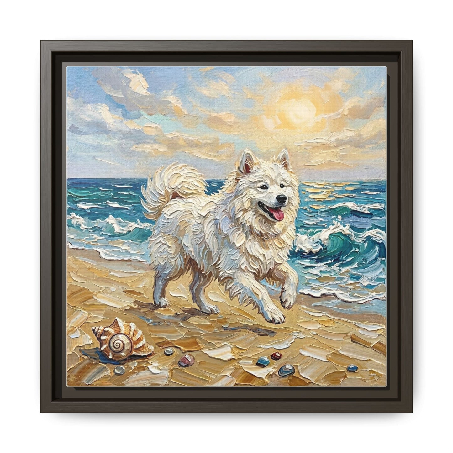 "Beach Day - Samoyed" Framed Canvas Wall Art