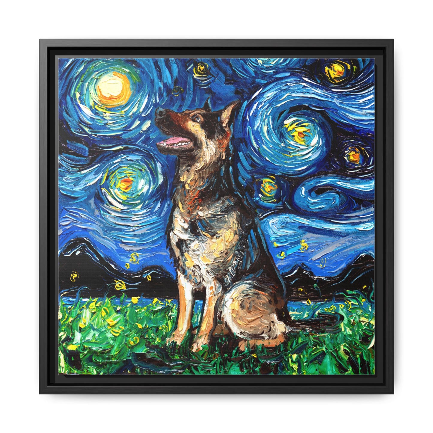 "German Shepherd Night" Framed Canvas Wall Art