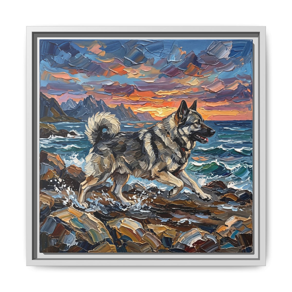 "Beach Days - Norwegian Elkhound" Framed Canvas Wall Art