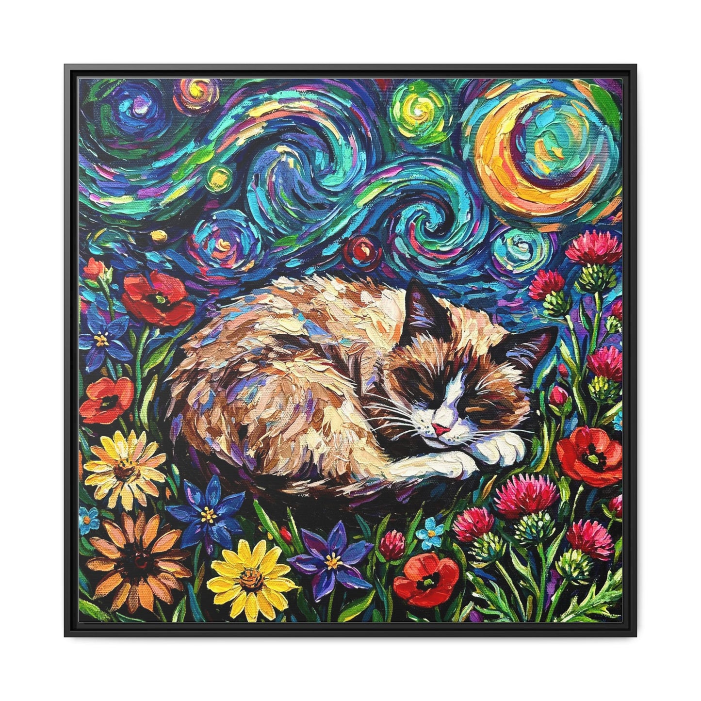"Sleepy Snowshoe Cat Night" Framed Canvas Wall Art
