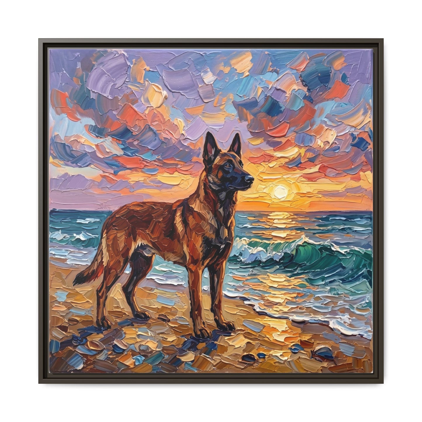 "Beach Sunset - Belgian Malinois" Framed Canvas Wall Art
