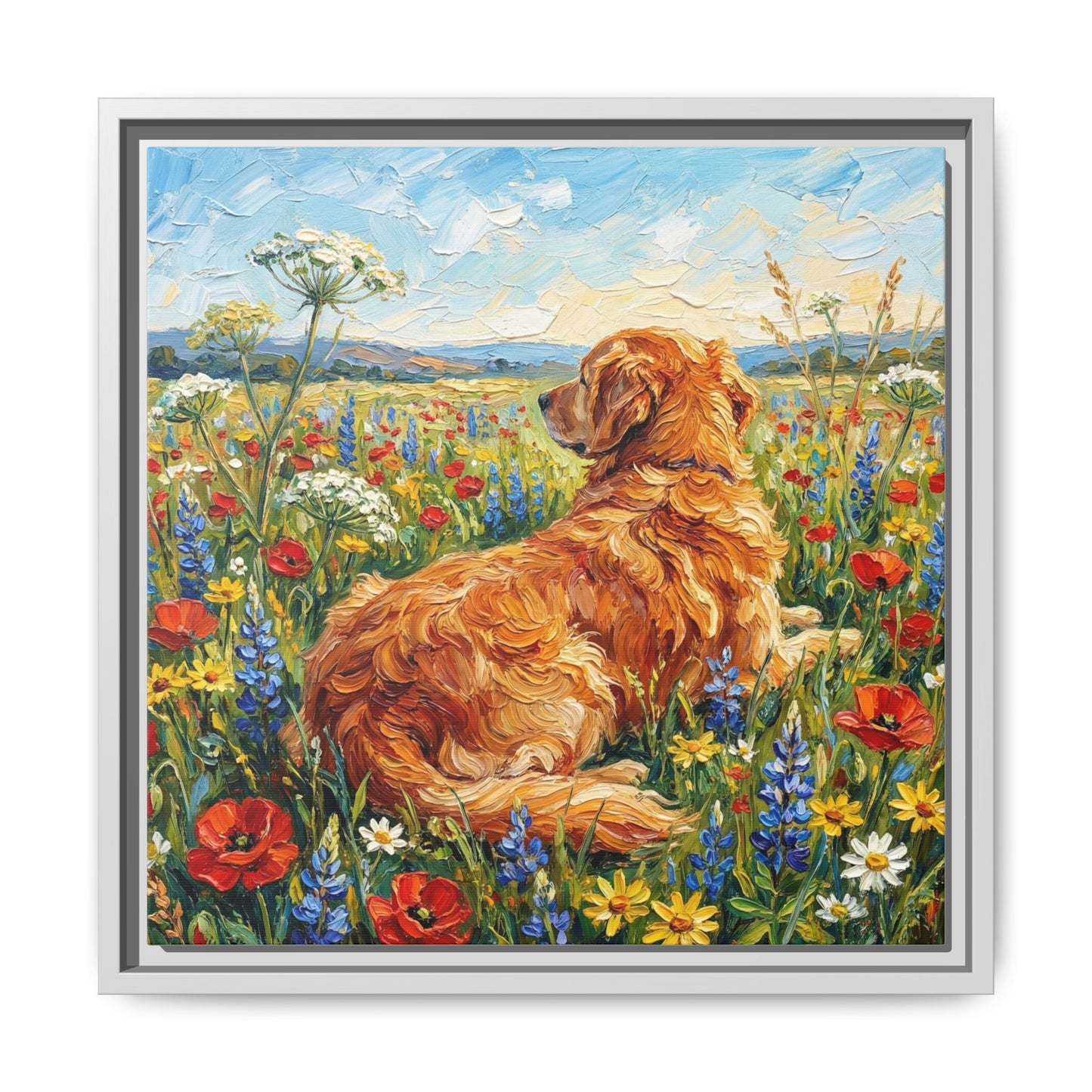 "Amongst The Flowers - Golden Retriever" Framed Canvas Wall Art