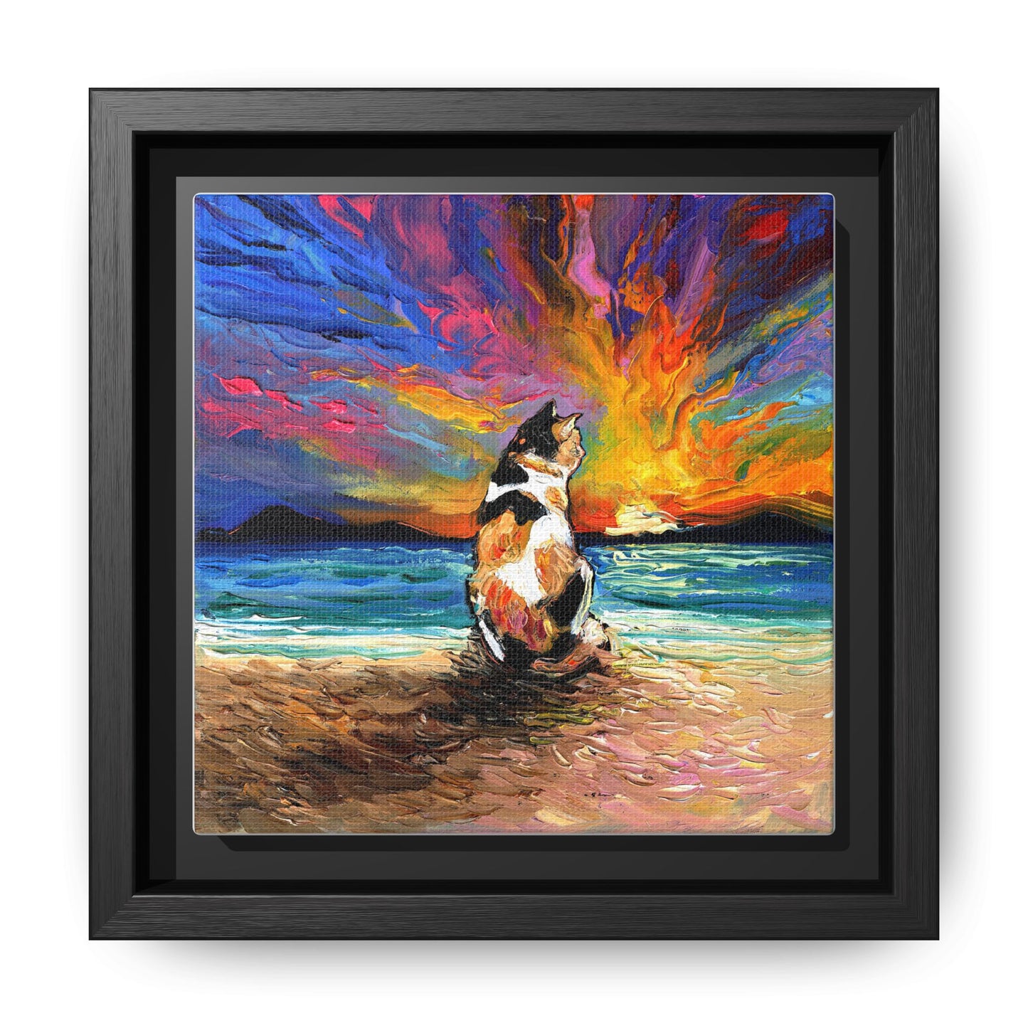 "Beach Day - Calico Cat" Framed Canvas Wall Art