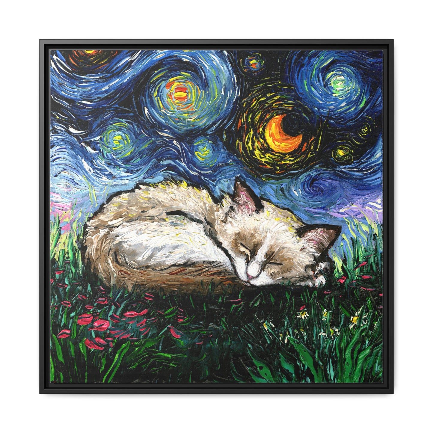"Sleepy Ragdoll Kitten Night" Framed Canvas Wall Art