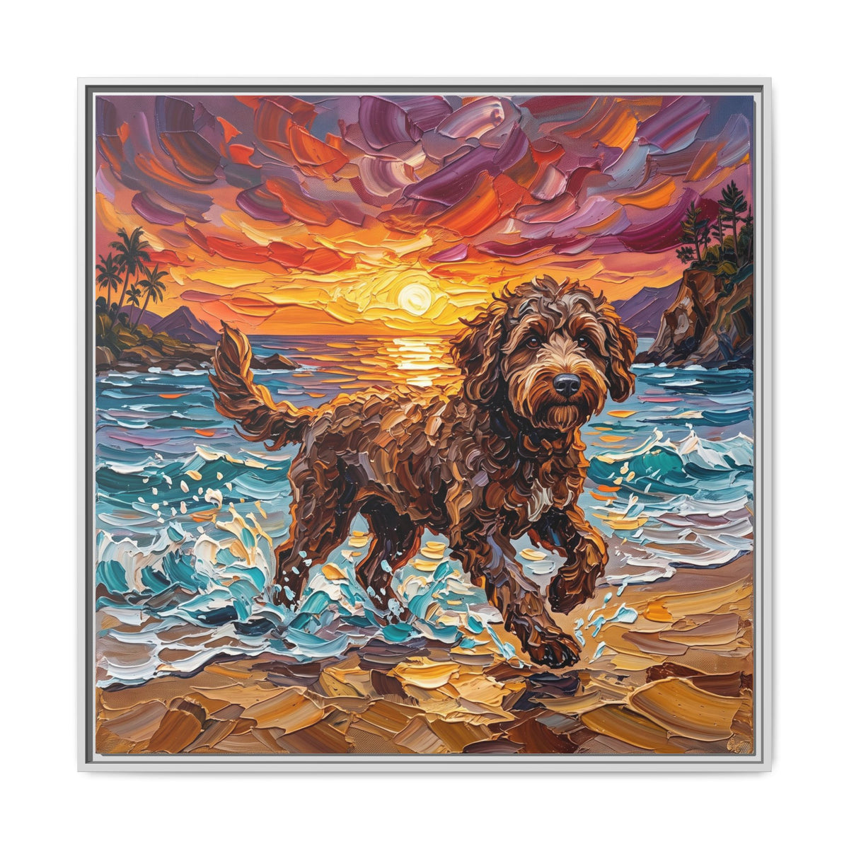 "Beach Day - Brown Goldendoodle" Framed Canvas Wall Art