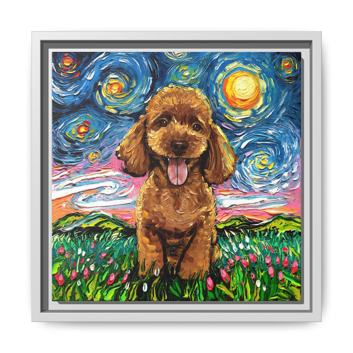 "Apricot Poodle Puppy Night" Framed Canvas Wall Art