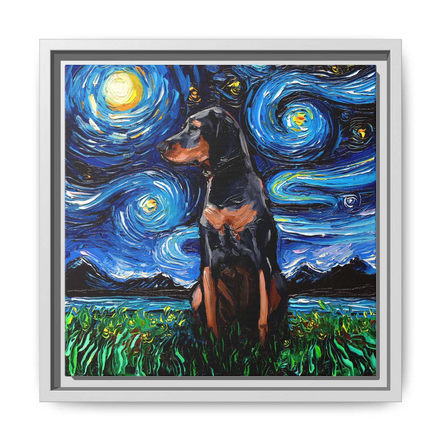 "Black and Tan Coonhound Night" Framed Canvas Wall Art