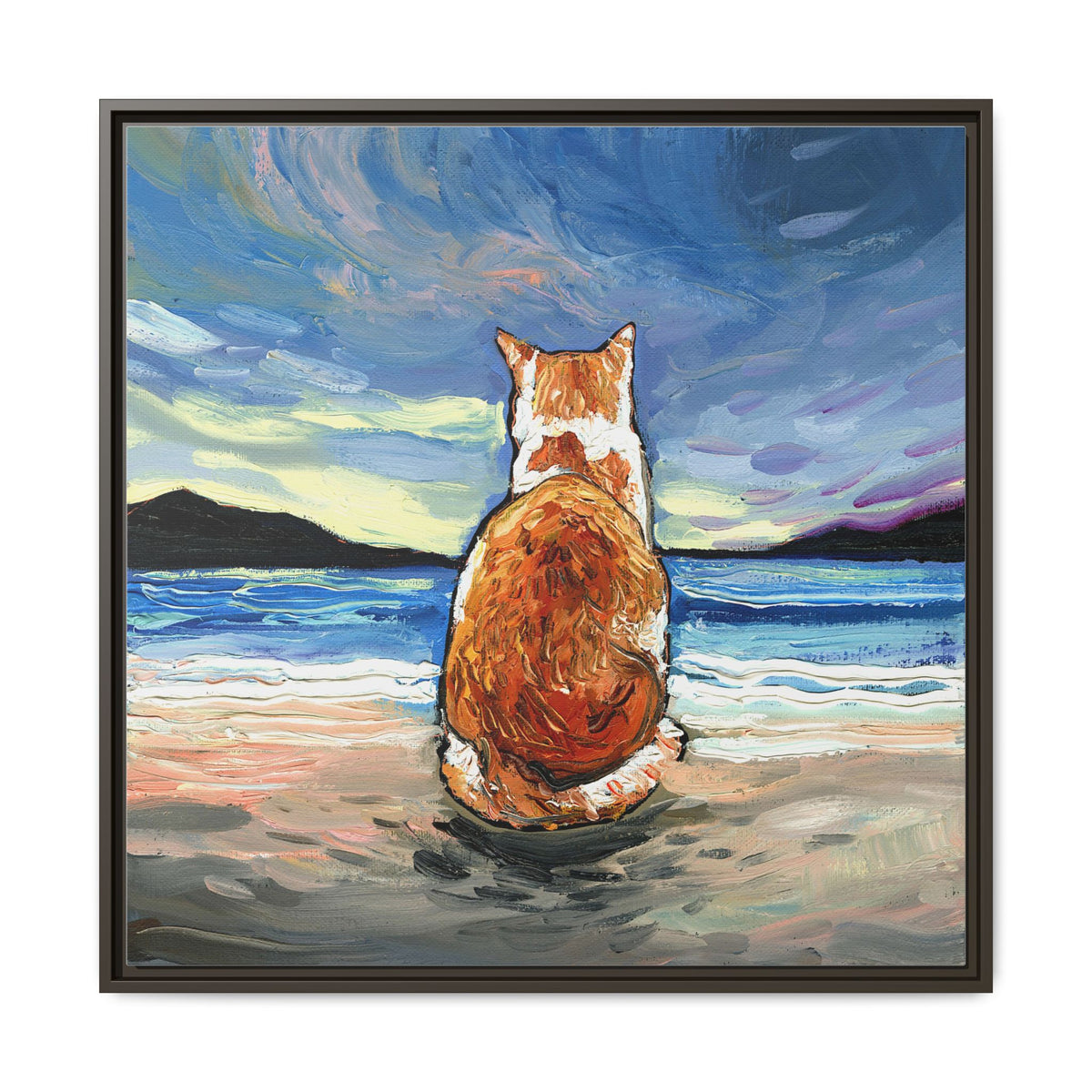 "Beach Day - Orange and White Tabby Cat" Framed Canvas Wall Art